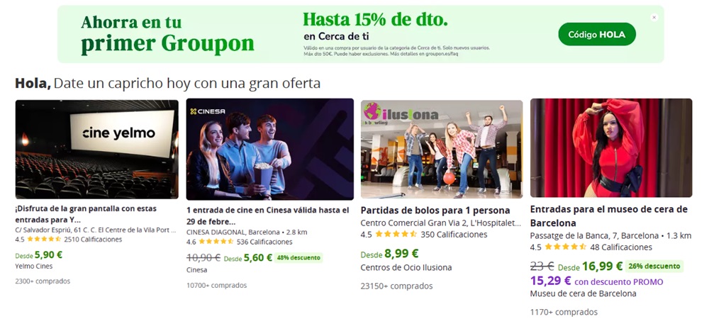 Código Descuento Groupon 15% Menos 2024 Código Promocional. Cupón descuento Groupon código descuento Groupon 2024. Ofertas y promociones. Cupón descuento Groupon 50 descuento nuevos usuarios. Códigos descuento cine.