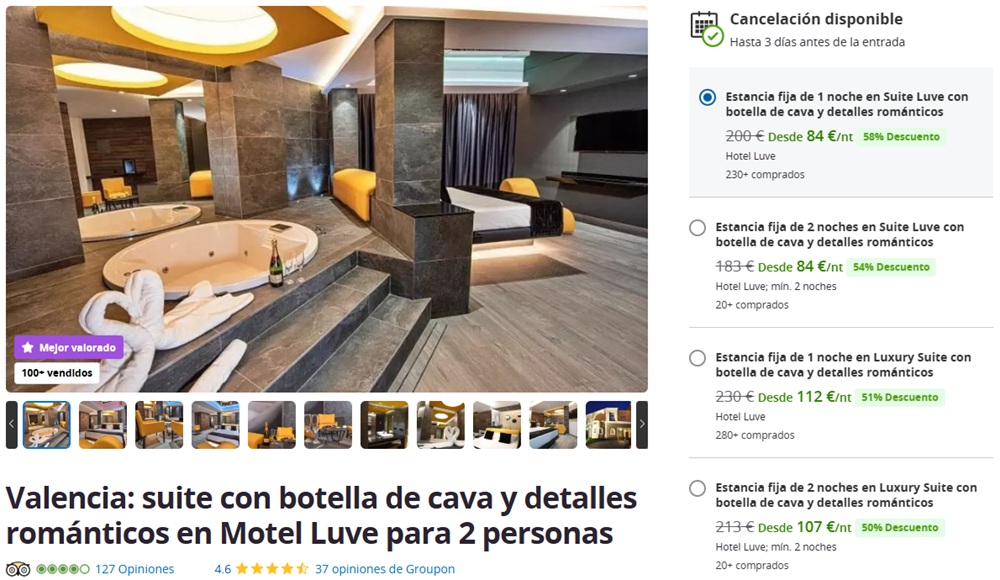 Motel Luve Valencia descuentos Hotel Luve San Antonio de Benagéber Hotel Luve Valencia hasta 58% descuento suite con botella de cava y detalles románticos en Motel Luve para 2 personas. Noche romántica en Valencia. suite con jacuzzi y extras Motel LuVE San Antonio de Benagéber, Valencia. Hotel Luve por horas. Ofertas motel Valencia solo adultos Hotel Luve Valencia. Motel con jacuzzi Valencia. Hotel por horas Valencia. Motel Valencia parejas barato.